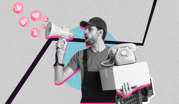 Digitalni marketing i SEO usluge Osoba s megafonom i telefonom, digitalni marketing i SEO.